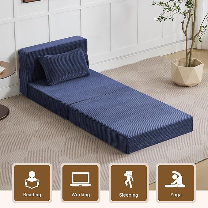 Folding Sofa Bed Convertible Floor Couch Foldable Chair Bed with Pillow，Linen Sleeper Chair Futon,Foldable Memory Foam Mattress for Bedroom/Living Room/Dorm/Office (Corduroy Navy, Single)