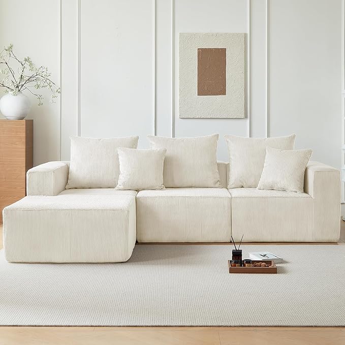 101" Cloud Couch for Bedroom,Boneless Couch with Oversized Chaise,4-Seat Chenille Deep Seat Sofa with 5-Pillows for Living Room,Corduroy Sofa in A Box,Beige