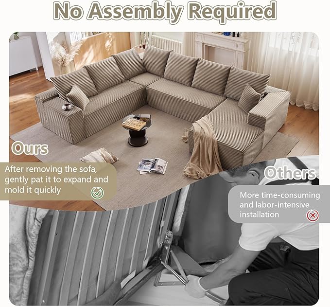 Sectional Cloud Couch with L-Shape Chaise, Modern Modular Comfy Sofa with Deep Seat, Upholstered Corduroy Couches Stupendous U Shaped Sofas for Living Room Bedroom, No Assembly Required, Camel