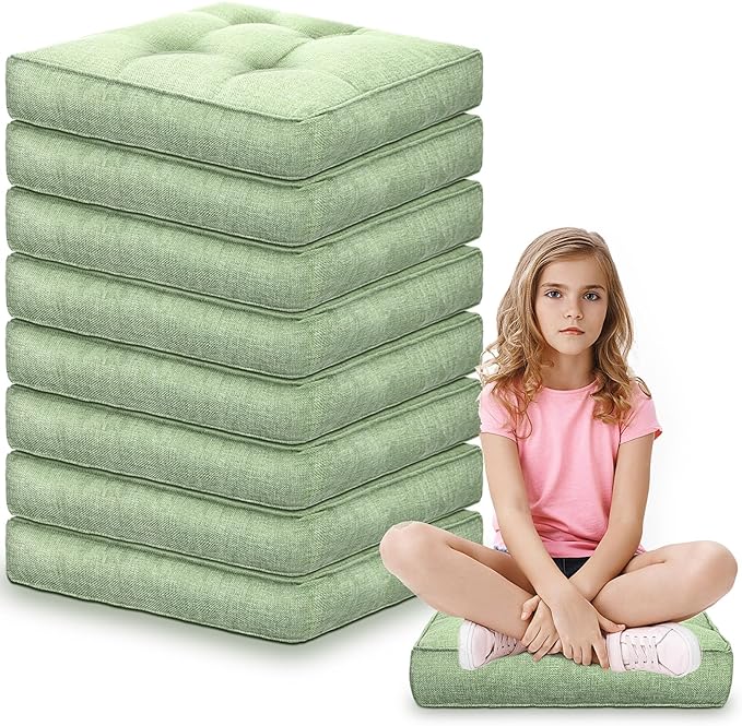 Fumete 8 Pcs Square Floor Pillows for Kids and Adult 16''x16'' Flexible Seating Floor Cushion for Classroom Multicolor Meditation Cushions for Home Daycare Preschool Yoga Meditation (Green)