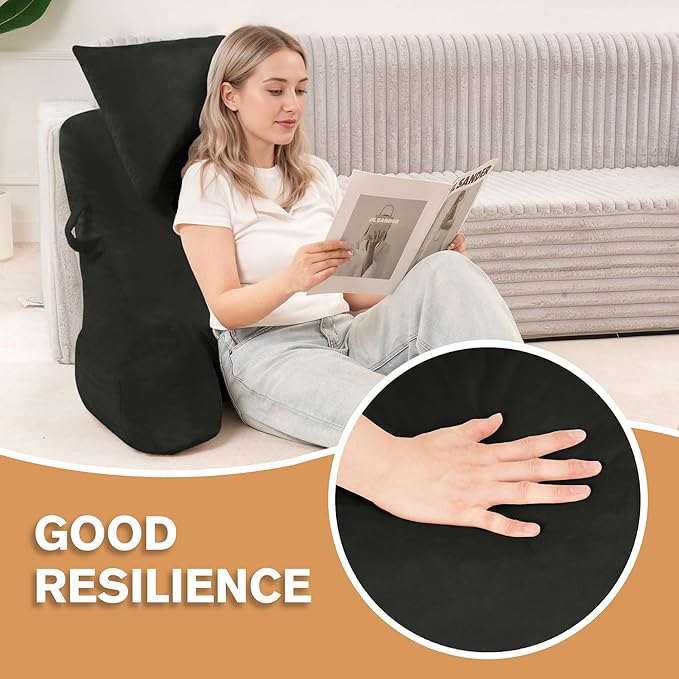 Unisakey Portable Reading Pillows with Headrest for Bed Sitting Up(Grey Oeko-Tex), Velvet Back Pillow with Arms & Pockets for Adults, Support Memory Foam Bed Pillow for Dorm/Reading/Watching/Gaming