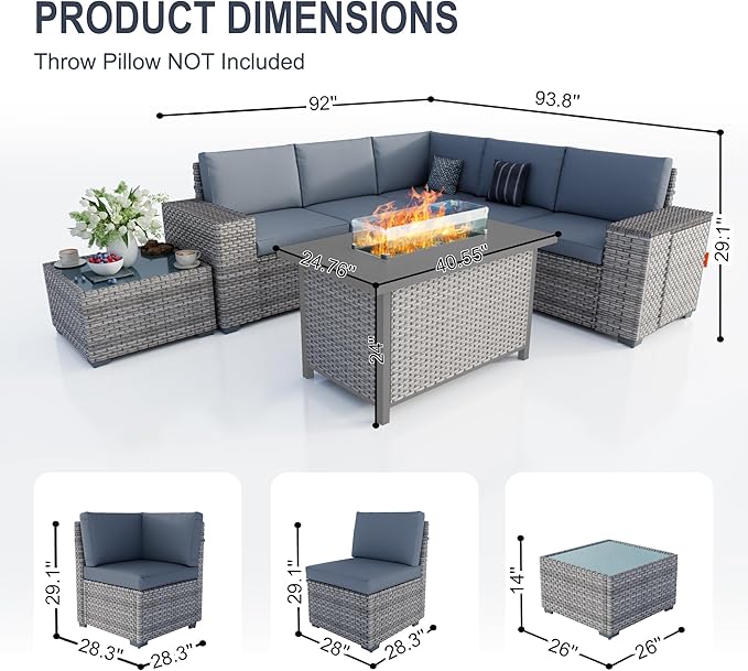 PCSXDSW 7-Piece Outdoor Patio Furniture Set, Rattan Wicker Conversation Set with Wide Armrests, Outdoor Modular Sectional Couch Seating Group Sofa with Fire Pit for Deck Garden Porch (Gray Cushions)