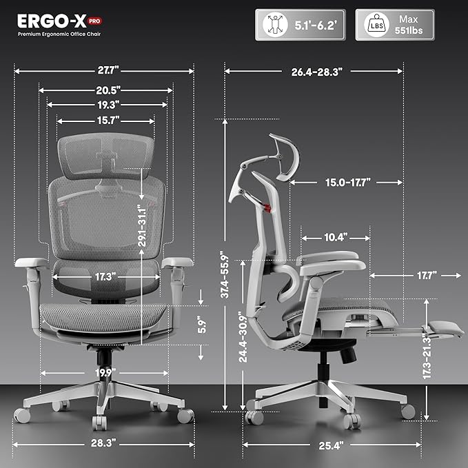 FLEXISPOT ErgoX-PRO Ergonomic Office Chair with Footrest Grey – AeroWeave 5.0 Mesh Seat, 5D Lumbar, 7D Armrests, 4D Headrest, 551LBS Capacity – Office, Gaming, Home