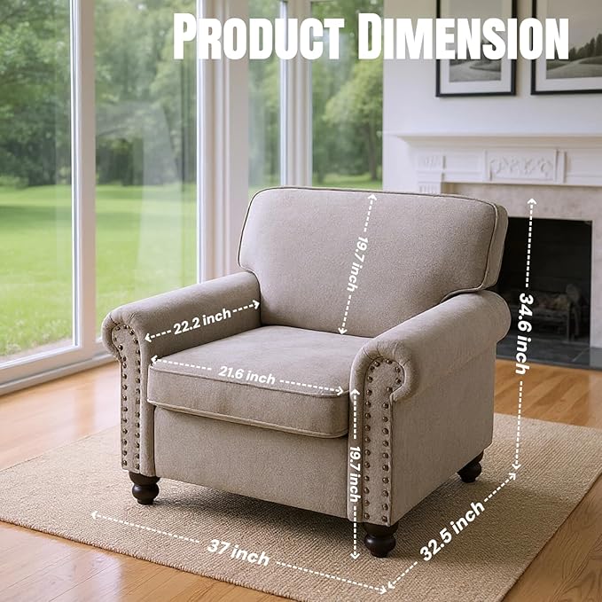 Nailhead Armchair, Rolled Arms Accent Chair for Living Room, Single Sofa Chair with Springs Seat Cushion & Wooden Legs, Mid-Century Armchair for Apartment, Office, Farmhouse, Beige