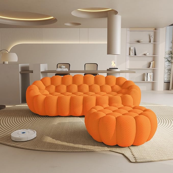WJShome Modular Sectional Sofa,Bubble Couch,Comfy Curved Couch Living Room Sets,Modern Upholstered Bean Bag Sofa Mesh Fabric Lazy Floor Chair Living Roon Sets (Orange, 3 Seater+Ottoman)