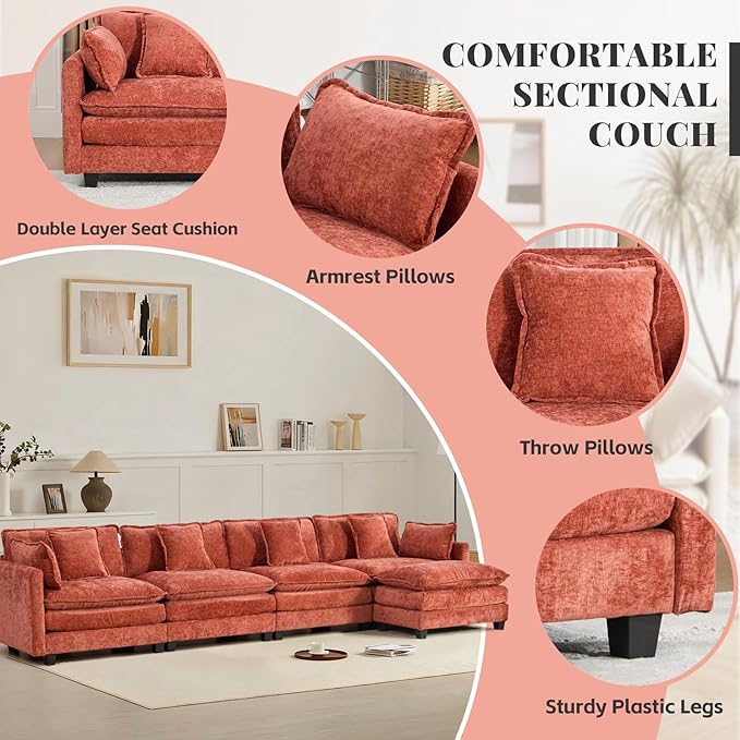 SoarFlash 149.61" Chenille Sectional Sofa, Comfy L Shaped Modular Coush Sofa with Ottoman, Modern 4 Seat Couch Deep Seat Sofa Set for Living Room,Orange