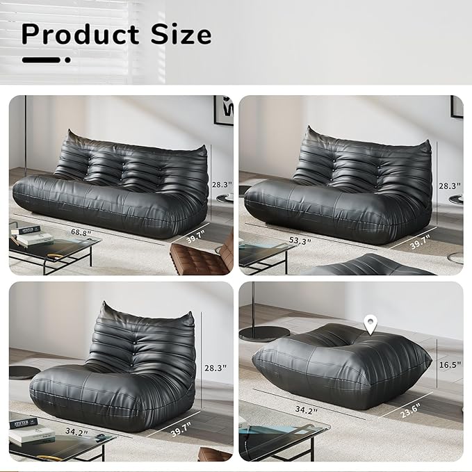 Comfy Lazy Floor Sofa Couch,Soft Armless Chair,Faux Leather Lounge Chair,Corner Relax Sofa Couch for Living Room Bedroom,Salon Office,Adults(Black+1P+ Ottoman)