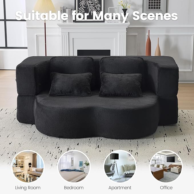 Convertible Folding Sofa Bed, 78” Full Size Floor Sleeper Couch, Chenille Full Foam Futon Loveseat for Living Room Bedroom, No Assembly Required (Black)