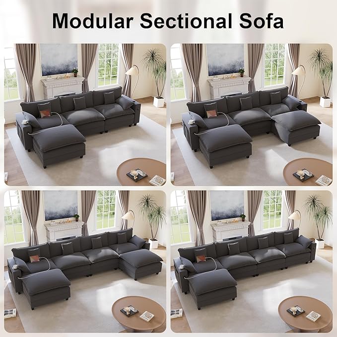 KCGKCG 80.7" Modular Sectional Sofa, L Shaped Cloud Couch with Movable Ottoman, Chenille Deep Seat Cloud Sofa with Charging Station, Cup Holder, Side Pocket, Sectional Couches for Living Room, Grey