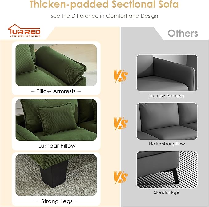 URRED Cloud Couch Modular Sectional Sofa, 87" Modern L Shaped Deep Seat Sofa with Ottoman & Pillows, Ultra Comfy Corduroy Couches for Living Room, Bedroom or Apartment, Green