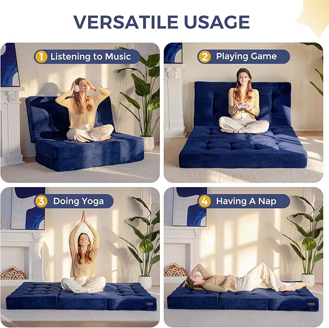 MAXYOYO Tri-Fold Mattress, 6 Inch Tufted Folding Mattress Full Foam Bed, Foldable Floor Couch Guest Bed Topper Portable Camping Sleeper with Corded Fabric, Navy, 53"x75"
