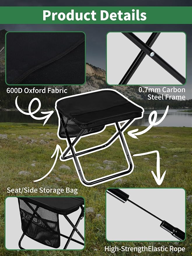 Zuplo Portable Stool for Adults, 240lb Load Foldable Backpack Stool, 13 Inch Camping Pocket Chair with 2 Storage Pockets, Outdoor Seat for Hiking, Fishing & Travel (Black)