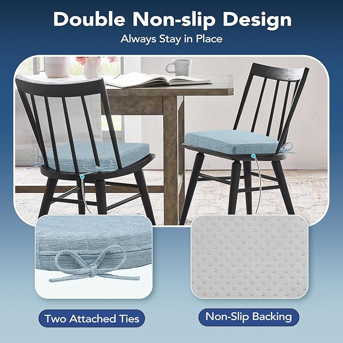 Chair Cushions for Dining Chairs, Non Slip Chair Pads with Ties and Covers, Memory Foam Kitchen Chair Cushions Set of 6, 16"X16"X2.5", Light Blue