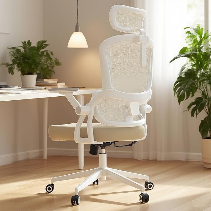 Office Chair Ergonomic Desk Chair with Lumbar Support&Headrest&Flip-up Arms Height Adjustable Rocking Swivel High Back Computer Chair Multi-Angle from 90° to 125° with 350LBS Capacity (05Khaki)