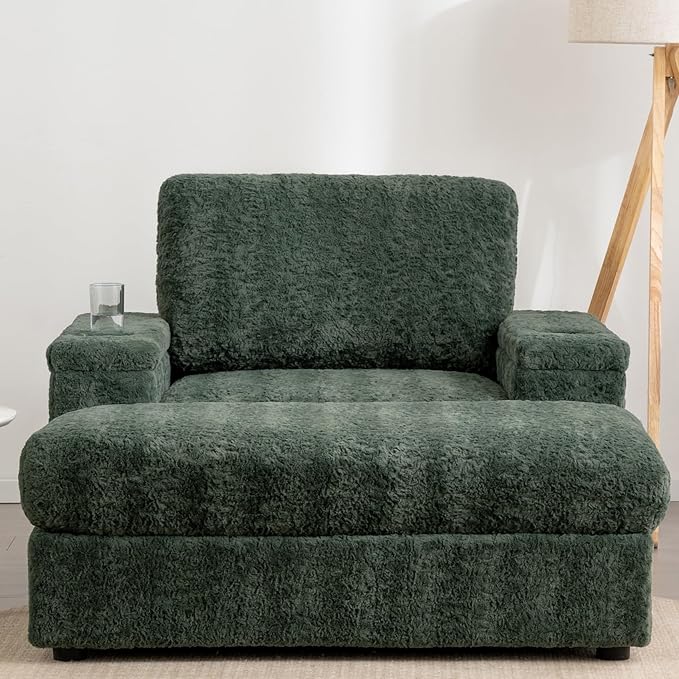 Merax Oversized Sleeper Chair with Storage Armrest & Ottoman, Cup Holders, Cloud Upholstered Chaise Lounge Recliner, Deep Seat Reading Couch Sofa Bed for Living Room Bedroom, Antique Green