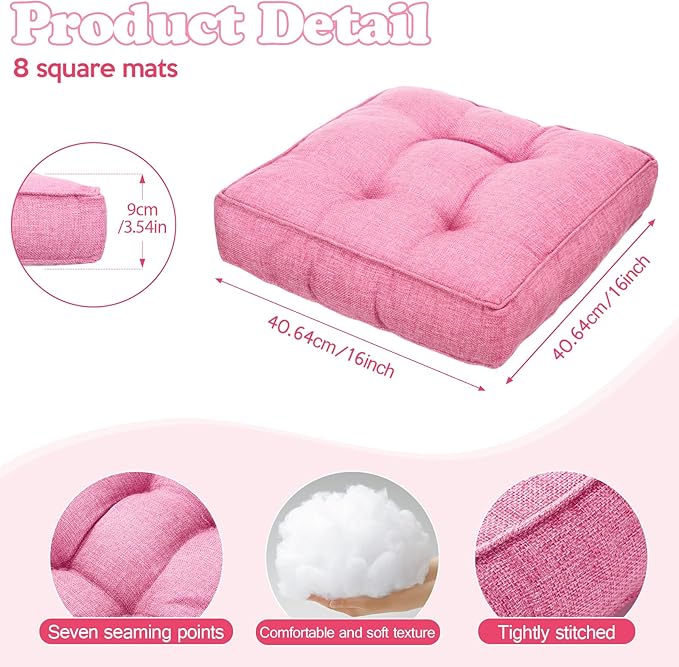Fumete 8 Pcs Square Floor Pillows for Kids and Adult 16''x16'' Flexible Seating Floor Cushion for Classroom Multicolor Meditation Cushions for Home Daycare Preschool Yoga Meditation (Pink)