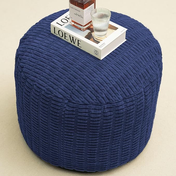 Round Stuffed Pouf Ottoman for Foot Rest, Storage Ottoman Pouf Foot Stool Cushion, Faux Fur Poufs with Foam Chunk Filling, 20 X 15 Inch Floor Chair for Living Room Bedroom Home Decor, Navy Blue