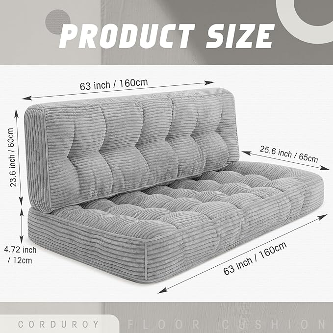 Vercraft 63 Inch Folding Bench Cushion, 4 Inch Thick 2-in-1 Convertible Long Floor Lounger Boneless Cushions Couch Mattress Upholstered for Yoga, Reading, Sleeping, Meditation Living Room(Light Grey)