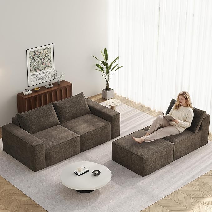 Vesgantti 114" Boneless Modular Sectional Sofa, Modern 3 Seater Couch with Ottoman & Deep Seat, Convertible Chenille L Shaped Cloud Couches for Living Room, No Assembly Required, Dark Brown