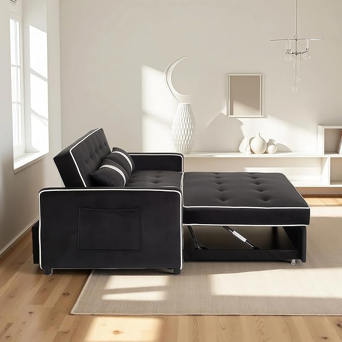 3 in 1 Convertible Loveseat Sleeper Sofa, Modern Futon Couch with Adjustable Backrest, Pull Out Sofa Bed Upholstered for Living Room Bedroom Apartment Small Space (Black)