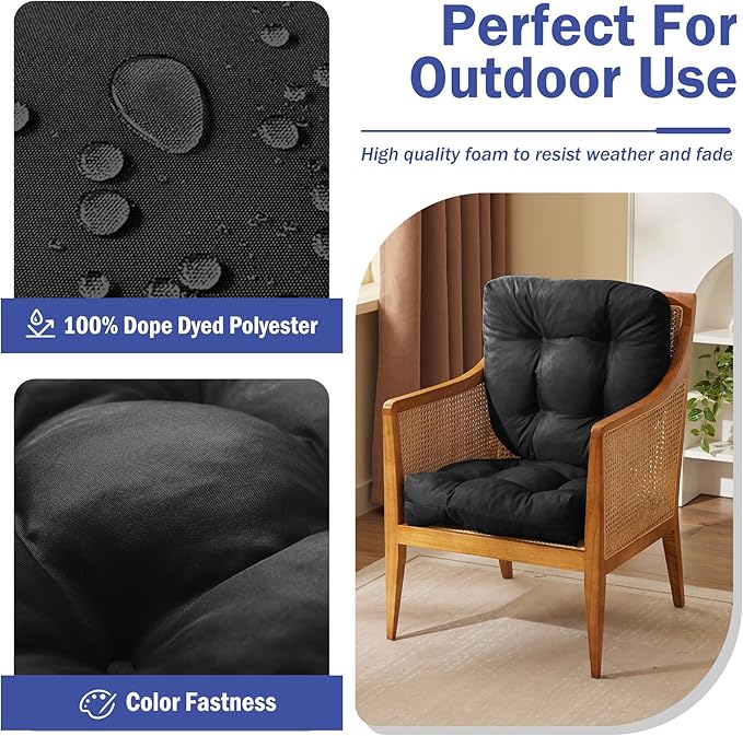 IPYNBAP Outdoor Chair Cushions Set of 2, Patio Chair Cushions with Ties, 17x17+4” Tufted Outdoor Seat Cushions, Waterproof Patio Furniture Cushions, Outdoor Dining Chair Pads, Black