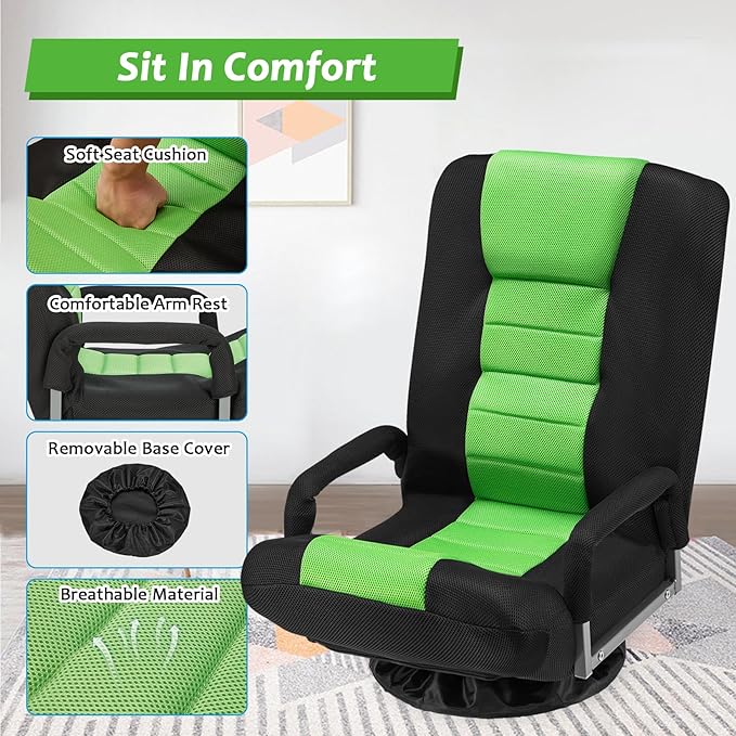 360° Swivel Chair 6 Adjustable Positions Backrest with Armrest Foldable Floor Chairs Suitable for Reading, Relaxing, Mediation,Green