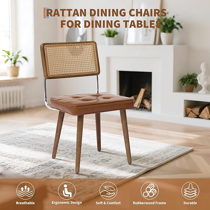 GarveeHome Natural Rattan Dining Chairs Set of 6, PU Upholstered Kitchen Chairs with Tall Cane Backrest and Strong Wood Legs for Dining Room, Kitchen, Restaurant, Brown