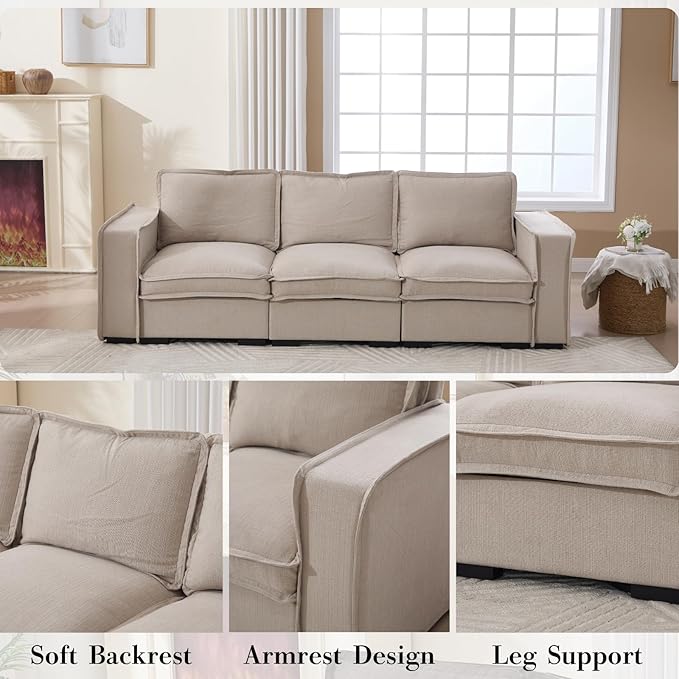 HEAY-YO 93 Inches Modern Modular Sectional Sofa,3-Seater Comfy Couch with High Density Foam and Armrests,Floor Sofa for Living Room Bedroom Apartment,Linen Sand