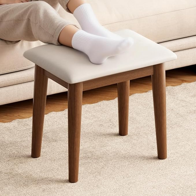 DONGMUWUJEE Solid Wood Foot Stool, Upholstered Ottoman Foot Rest for Couch, Padded Footstool, Leg Rest for Chair, Small Bench for Entryway, Cushioned Vanity Stool for Bedroom, Living Room, Walnut