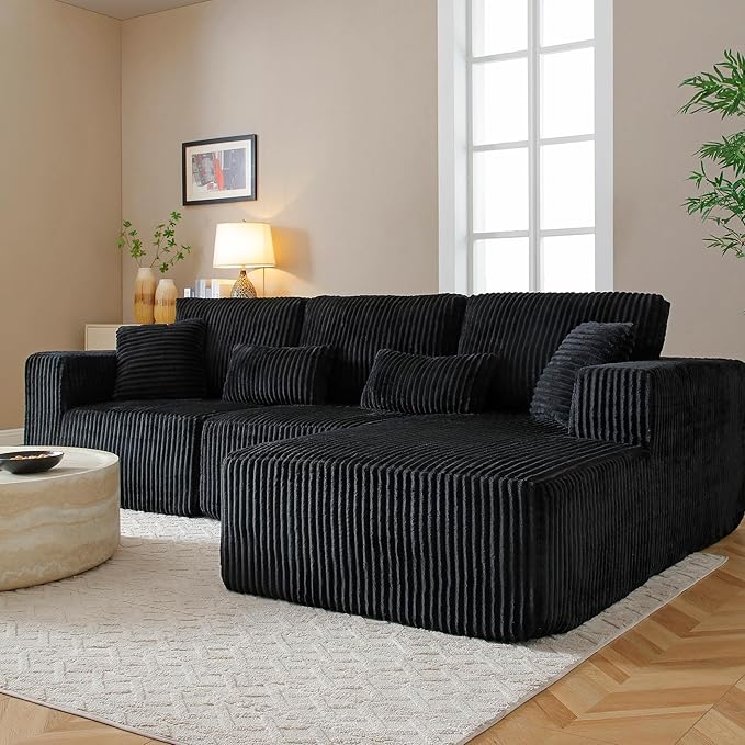 HYJT-H&K Modular Sectional Sofa Cloud Sectional Couch, 107" Comfy Fluffy L Shaped Dark Black Couches for Living Room, Deep Seat Memory Foam Plush Corduroy Boneless Couch Sectionals Right Facing Chaise
