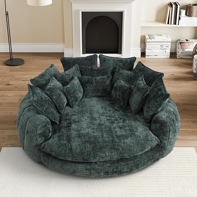 81" Oversized Bean Bag Chair Boneless Round Chaise Lounge Comfy Chenille Reading Chair Fluffy Plush Sofa Bed Large Deep Seat Circle Cloud Couch for Living Room, Bedroom, Apartment, Green