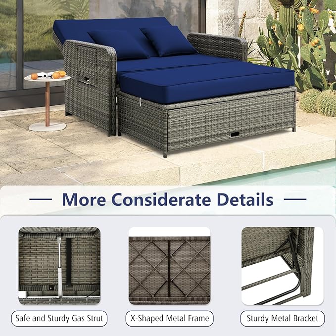 RELAX4LIFE Wicker Patio Outdoor Daybed - Rattan Day Bed Lounger with Loveseat & Storage Ottoman, Sunbed Sofa Set w/Cushions, 4-Level Adjustable Backrest & 2 Retractable Trays, Patio Daybed (Navy-Grey)