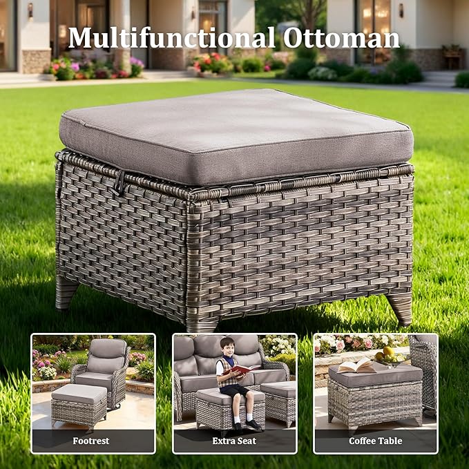 Pugire Luxury Outdoor Swivel Rocker Patio Chairs Set of 5, High Back Swivel Patio Chairs with Side Table & 6" Thick Cushions, Ottomans, Wicker Outdoor Bistro Set for Porch, Yard, Deck, Poolside, Grey