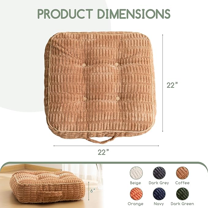 6" Washable Floor Pillow Cushion for Adults, Meditation Cushion Pillow, Removable Tufted Blended Corduroy Cover, Large Square Floor Sitting for Tatami Living Room or Yoga, 2Pack, Machine Washable