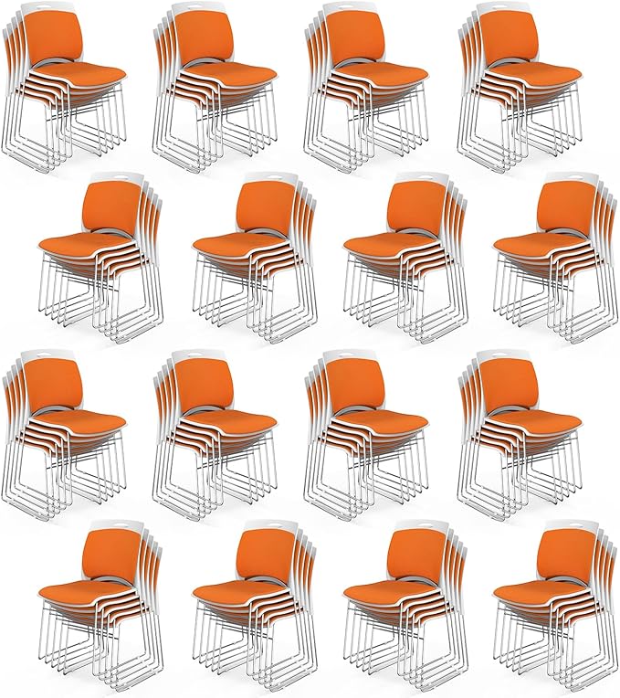 VINGLI Stackable Chairs Set of 80, Stacking Office Chairs with Metal Sled Base, Ergonomic Plastic Padded Seat & Back, Capacity 350lbs, Stacking Chairs for Waiting Room Break Room Banquet Guest, Orange