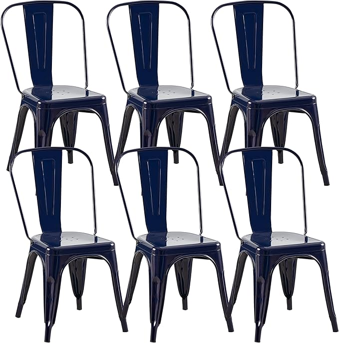 Metal Dining Chairs Set of 6 - Stackable Tolix Chair Indoor/Outdoor for Kitchen, Cafe,Restaurant, Bistro & Patio Multiple Colors(Dark Blue)