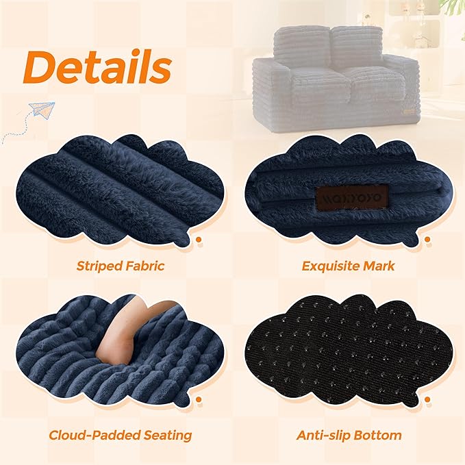 MAXYOYO Extra Wide Kids Bean Bag Chair, Comfy Faux Fur Bean Bag Sofa with Filler, Upholstered Floor Sofa with Pillows and Armrests, Lazy Floor Chair Couch for Boys and Girls, Navy