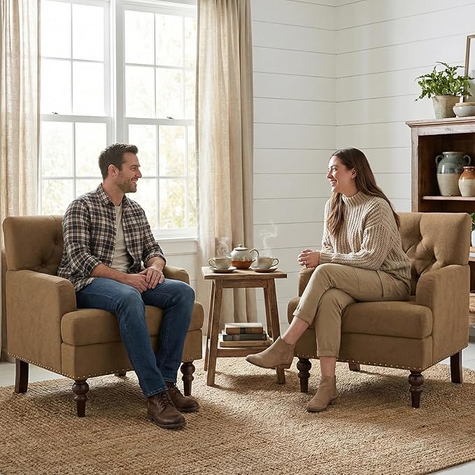 Upholstered Accent Chair with Thick Cushion, High Back Reading Chair, Linen Blend Armchair with Solid Rubberwood Legs for Living Room, Bedroom, Reading, Apartment & Small Spaces,Brown,Set of 2
