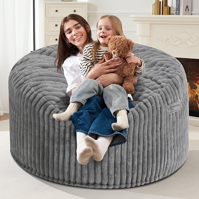 Homguava 4 FT Bean Bag Chair,4' Big Bean Bag,Large Bean Bag Chairs for Adults with Memory Foam Filled,Comfy Beanbag Chairs Soft Bean Bag Sofa with Dutch Corded Plush Cover-Grey