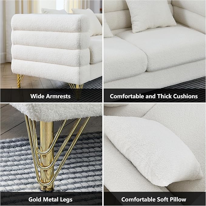 mikibama Luxury Teddy Sofa Set for Living Room, Modern Decor Furniture Sectional Sofa, 3 Seater Couch and Loveseat with 5 Pillows for Apartment, Office, Hall (White)
