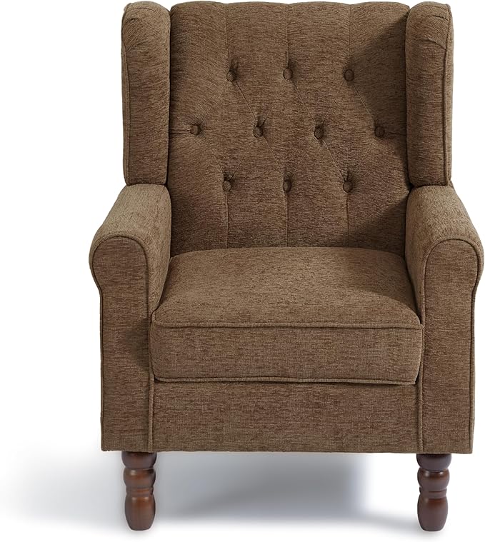 DREAMSIDEA Accent Chair, Upholstered Armchair with Button Tufted High Back & Solid Wood Legs, Comfy Wingback Reading Single Sofa Chair for Small Spaces, Living Room, Bedroom (Brown, Set of 1)