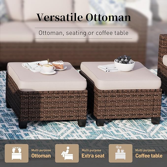 Swivel Glider Patio Furniture Set Outdoor Furniture Brown Wicker Rattan Patio Conversation Sets with Cushion Outside Sofa Set,7 Pieces with Rectangular Firepit Table,9 Seats,Beige