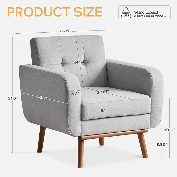 HUIMO Fabric Accent Chairs Set of 2, Button Tufted Living Room Chairs Easy to Install, Mid Century Modern Chair, Upholstered Arm Chair for Living Room Bedroom Study Office (Light Grey)
