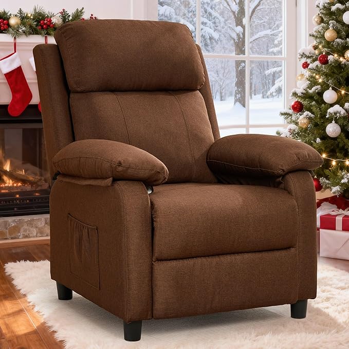 Recliner Chair, Living Room Chairs for Adults, Padded Deep Seat Reading Chair with Side Pockets, Small Recliners for Small Spaces, Lounge Chair for Living Room, Bedroom, and RV (Linen)
