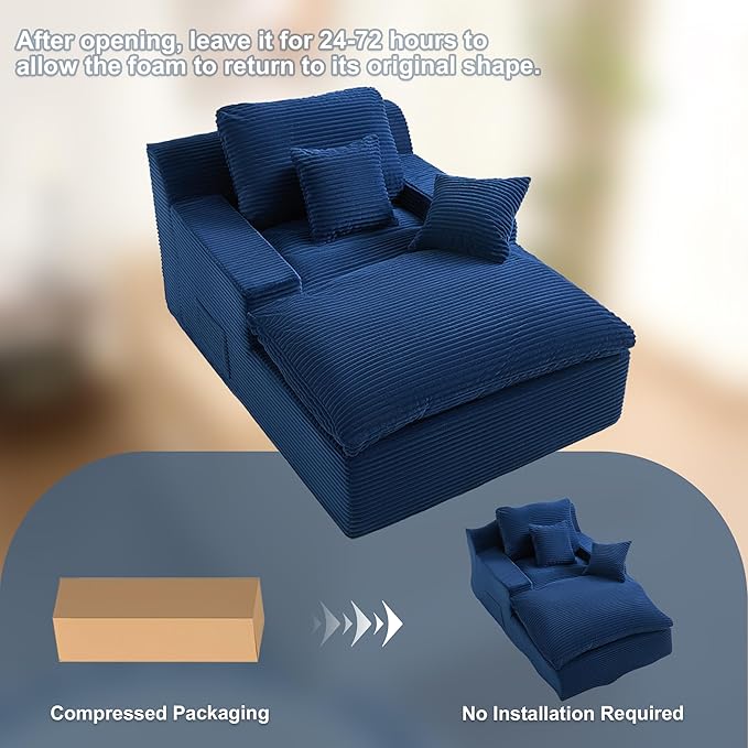 63" Oversized Boneless Chaise Lounge Chair, Extra Cloud Layer, Convertible Sleeper Sofa Couch with Removable Pillows & Side Pockets, Corduroy Upholstered Sofa Bed with Armrests for Living Room, Blue