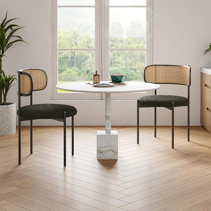 Farini Modern Upholstered Dining Chairs Set of 2,Rattan Back Dining Room Chairs,Accent Kitchen Chairs with Metal Legs,Green
