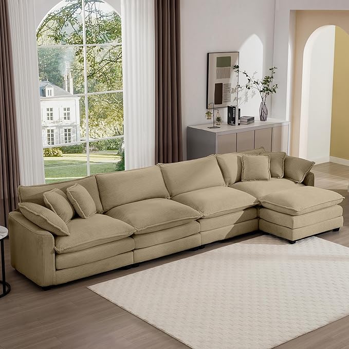 Aoowow Corduroy 4 Seater Cloud Couch with Ottoman,Modern Cloud Couches for Living Room,Modular Sectional Cloud Sofas with Deep Seat,Oversized Tufted L-Shaped Sofa Set (Tan, 4 Seater + 1 Ottoman)