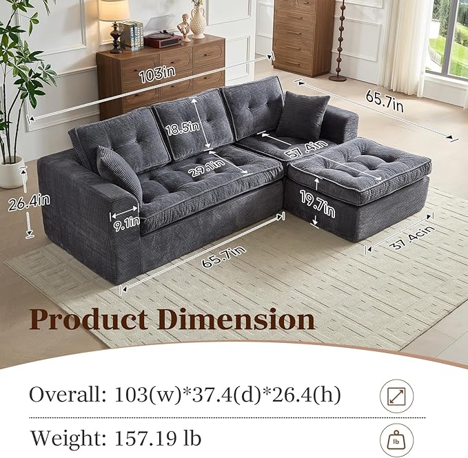 Modular Sectional Sofa, Modern Boneless Couch with L-Shape Chaise, Home Sectional Comfy Sofa Set for Living Room Bedroom and Floor, Plush Corduroy, No Assembly Required (Gray)