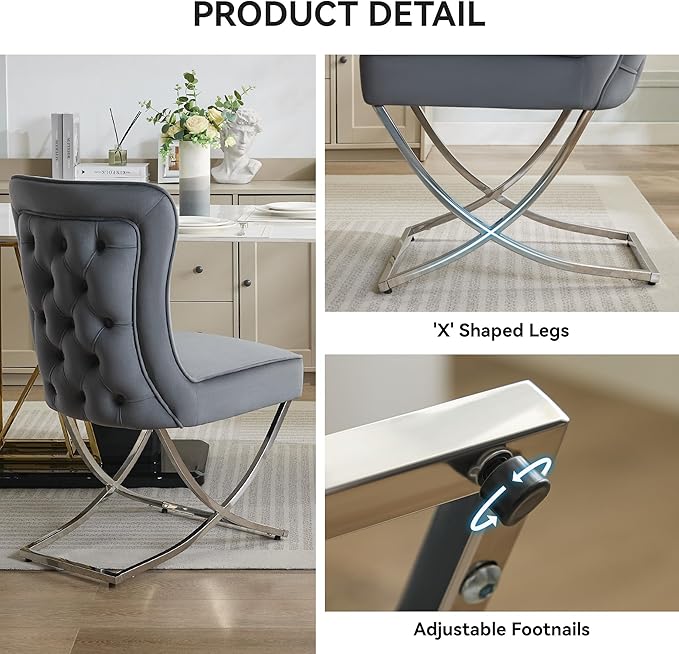 WUTUTUEE Luxury Velvet Dining Chairs, Tufted Upholstered Armless Accent Chairs with Silver Metal X-Legs, Modern Glam Dining Room Chair Set of 2, Dark Grey