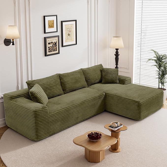 95" Boneless Cloud Sectional Couches for Living Room, Comfy Fluffy L Shaped Memory Foam Deep Seat Boneless Couch, Modular Sectional Sofa with Right Facing Chaise, Olive Green